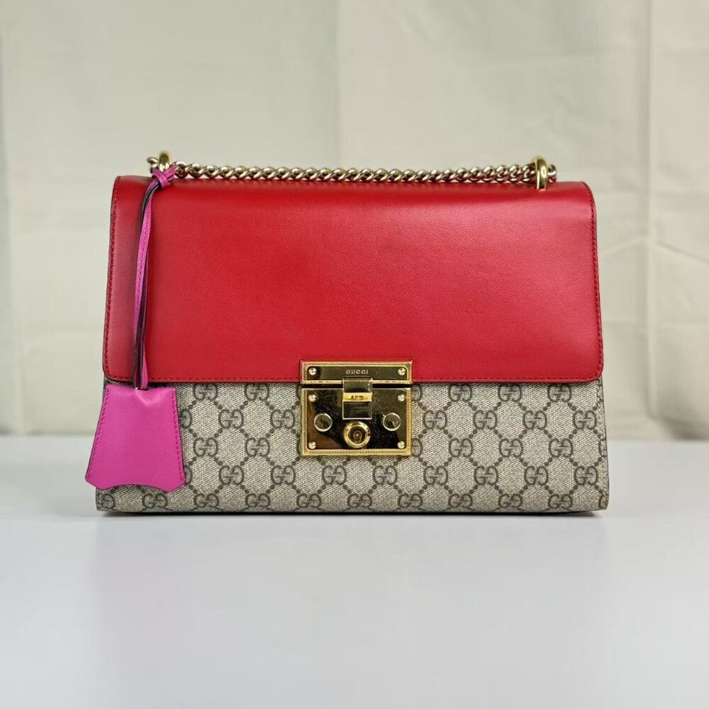 Gucci Red Padlock Shoulder Bag GG Coated Canvas and leather